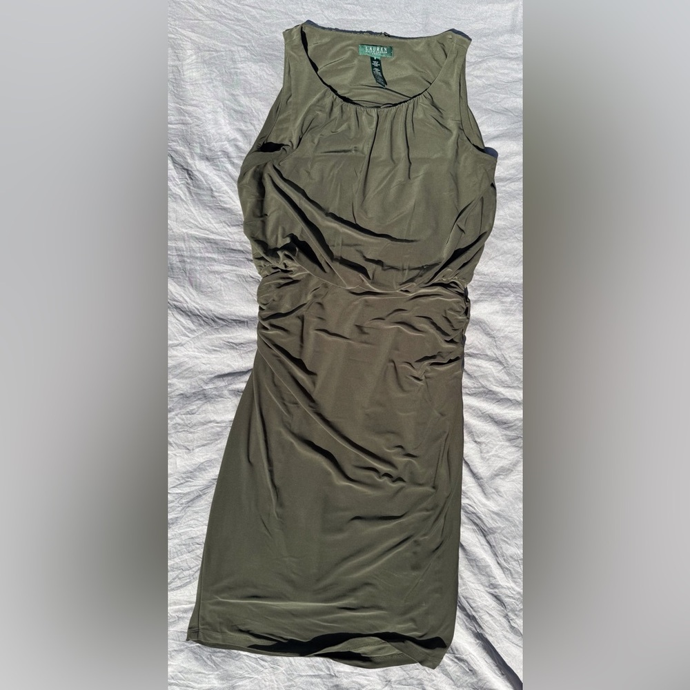 RALPH LAUREN Olive Green Stretchy Ruched Knit Dress